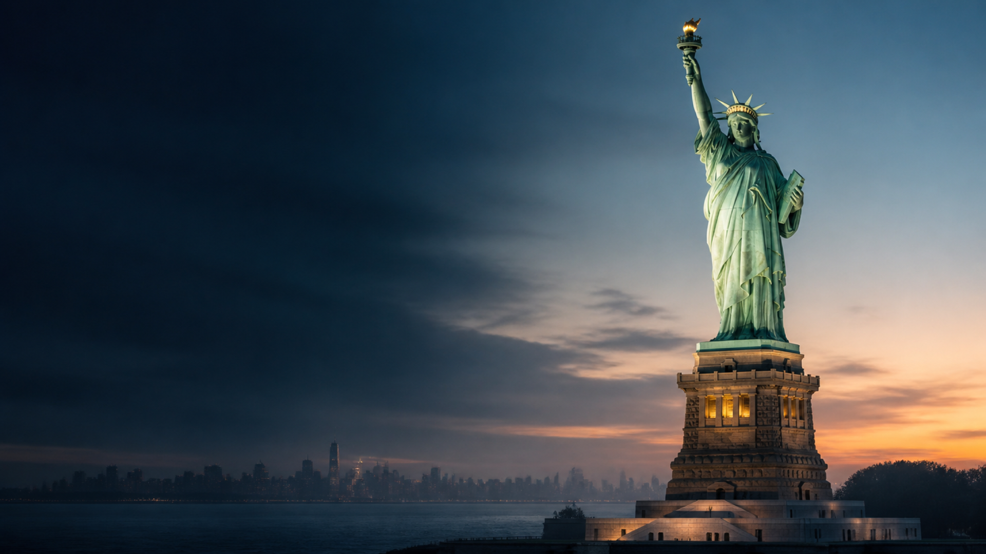 La Estatua de la Libertad al atardecer, vista desde el puerto con el horizonte de Nueva York al fondo